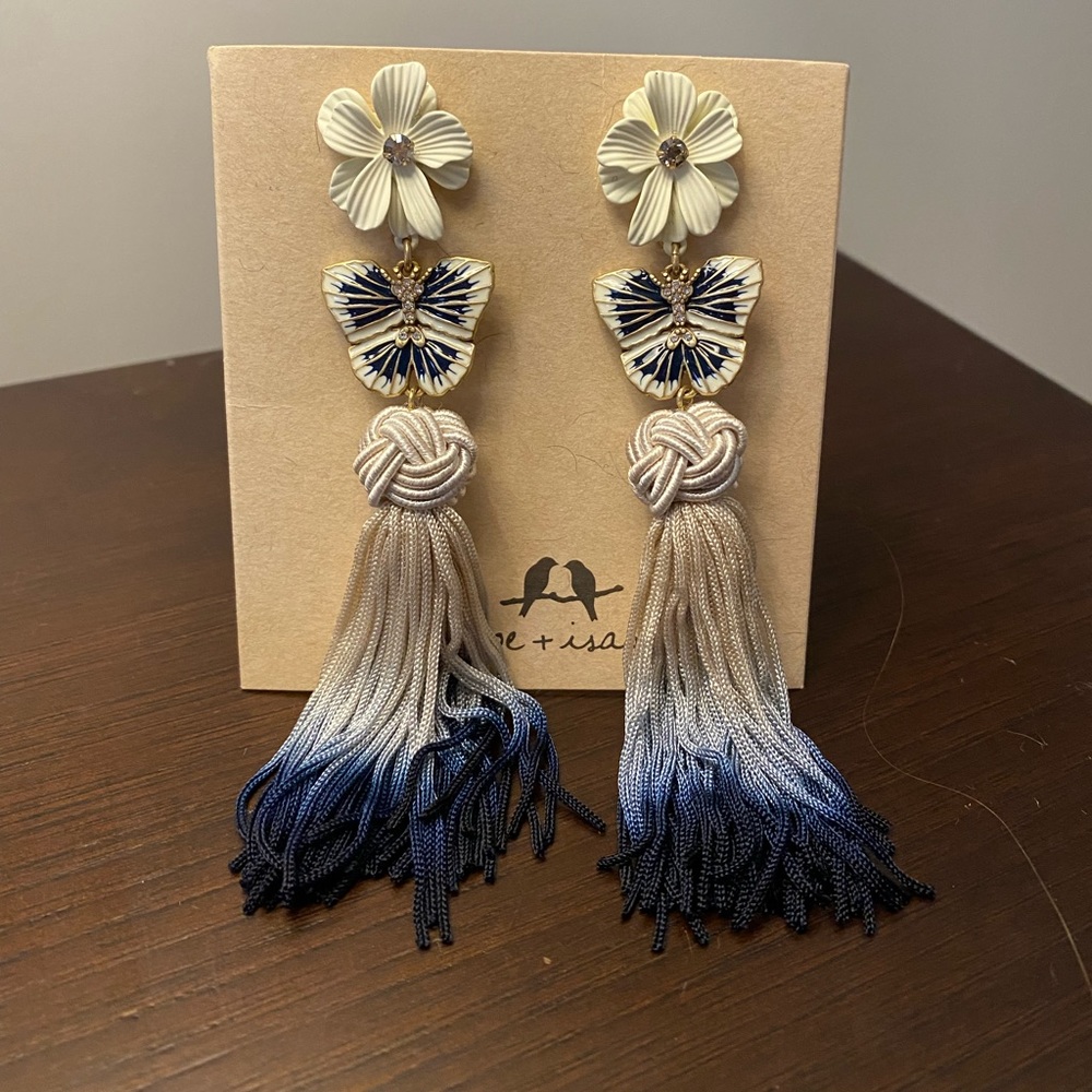 New Chloe + Isabel butterfly earrings with flower and tassels. Blue and white